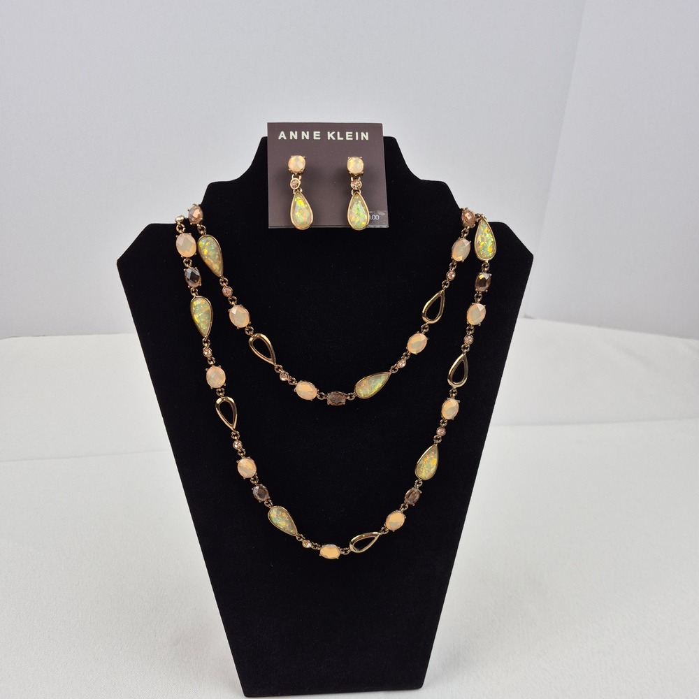 Anne Klein 42" Necklace Dangle Earrings Gift Set Gold Tone Opal Teardrop Pendant